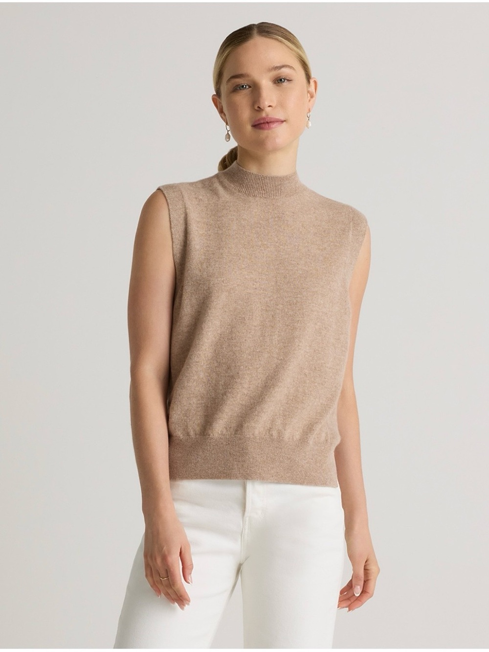 Quince Beige Sleeveless Mock Neck Knit Vest